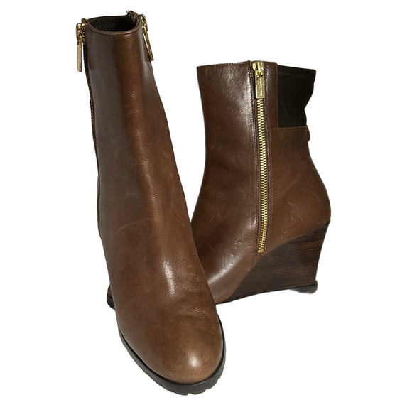 MICHAEL Michael Kors Shoes - Michael Michael Kors Brown Leather Wedge Ankle Boots – Size 9M